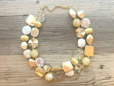 Gold Goddess & White chunky statement necklace, big beaded jewelry, gifts for women bib jewelry Multi-Strand Nugget metallic gold painted
