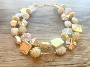 Gold Goddess & White chunky statement necklace, big beaded jewelry, gifts for women bib jewelry Multi-Strand Nugget metallic gold painted