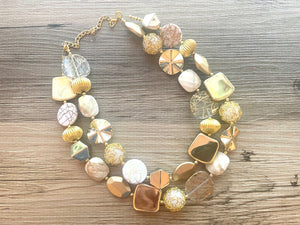 Gold Goddess & White chunky statement necklace, big beaded jewelry, gifts for women bib jewelry Multi-Strand Nugget metallic gold painted