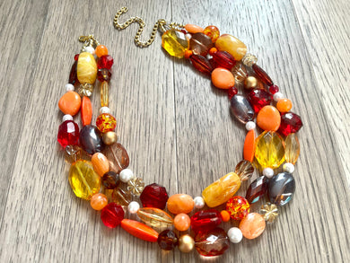 Fall Statement Necklace, Maroon Orange Mustard Gold Necklace, Triple Strand Statement Necklace, fall colors vintage chunky necklace