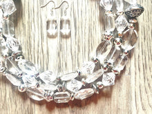 Load image into Gallery viewer, Silver and Clear statement necklace, lucite necklace, resin necklace, clear three strand chunky jewelry, silver Beaded Holiday Necklace