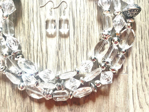 Silver and Clear statement necklace, lucite necklace, resin necklace, clear three strand chunky jewelry, silver Beaded Holiday Necklace
