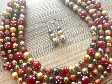 Cranberry Soirée, Chunky 4 Strand Statement Necklace, fall necklace, maroon jewelry, dark red necklace, red gold silver, red statement