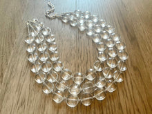 Load image into Gallery viewer, Chunky Clear Crystal Statement Necklace, Faceted Everyday neutral jewelry, statement necklace, triple silver accents chunky bib necklace
