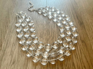 Chunky Clear Crystal Statement Necklace, Faceted Everyday neutral jewelry, statement necklace, triple silver accents chunky bib necklace