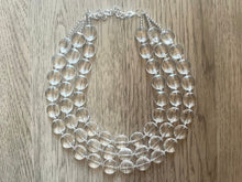 Load image into Gallery viewer, Chunky Clear Crystal Statement Necklace, Faceted Everyday neutral jewelry, statement necklace, triple silver accents chunky bib necklace