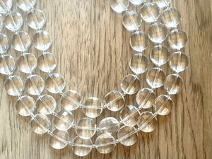 Chunky Clear Crystal Statement Necklace, Faceted Everyday neutral jewelry, statement necklace, triple silver accents chunky bib necklace