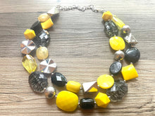 Load image into Gallery viewer, Metallic Sunflower Yellow Statement Necklace, chunky bib beaded jewelry, Summer jewelry, black necklace, beaded acrylic jewelry bumblebee
