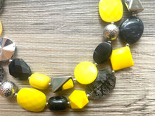 Load image into Gallery viewer, Metallic Sunflower Yellow Statement Necklace, chunky bib beaded jewelry, Summer jewelry, black necklace, beaded acrylic jewelry bumblebee