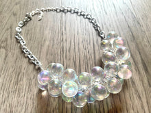 Load image into Gallery viewer, Clear Statement Necklace, smooth ball bubble Everyday neutral rainbow jewelry, silver accents chunky bib necklace acrylic beaded jewelry