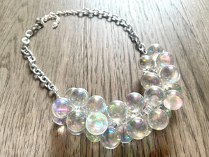 Clear Statement Necklace, smooth ball bubble Everyday neutral rainbow jewelry, silver accents chunky bib necklace acrylic beaded jewelry