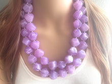Load image into Gallery viewer, Light Purple Chunky Statement Necklace, Big beaded jewelry, Double Strand Statement Necklace, Bib necklace, bridesmaid wedding lavender