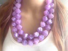 Load image into Gallery viewer, Light Purple Chunky Statement Necklace, Big beaded jewelry, Double Strand Statement Necklace, Bib necklace, bridesmaid wedding lavender