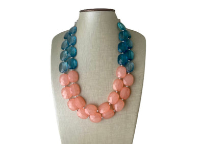 Coral & Navy statement necklace, chunky pink necklace earrings, pink bib necklace, coral jewelry, beaded pink necklace, dark blue jewelry