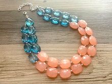 Load image into Gallery viewer, Coral &amp; Navy statement necklace, chunky pink necklace earrings, pink bib necklace, coral jewelry, beaded pink necklace, dark blue jewelry