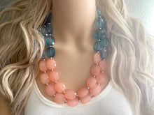 Load image into Gallery viewer, Coral &amp; Navy statement necklace, chunky pink necklace earrings, pink bib necklace, coral jewelry, beaded pink necklace, dark blue jewelry