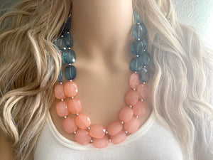 Coral & Navy statement necklace, chunky pink necklace earrings, pink bib necklace, coral jewelry, beaded pink necklace, dark blue jewelry