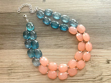 Load image into Gallery viewer, Coral &amp; Navy statement necklace, chunky pink necklace earrings, pink bib necklace, coral jewelry, beaded pink necklace, dark blue jewelry