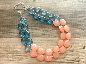 Coral & Navy statement necklace, chunky pink necklace earrings, pink bib necklace, coral jewelry, beaded pink necklace, dark blue jewelry