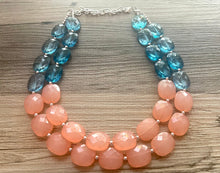 Load image into Gallery viewer, Coral &amp; Navy statement necklace, chunky pink necklace earrings, pink bib necklace, coral jewelry, beaded pink necklace, dark blue jewelry