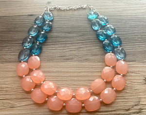 Coral & Navy statement necklace, chunky pink necklace earrings, pink bib necklace, coral jewelry, beaded pink necklace, dark blue jewelry