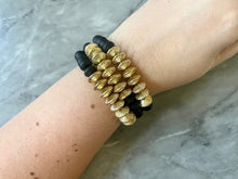 Load image into Gallery viewer, Black &amp; Gold Stretch Bracelets, wood Disc Bead Bracelets, dark black beaded jewelry stretch bracelet