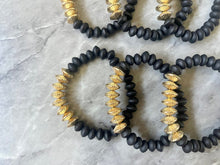 Load image into Gallery viewer, Black &amp; Gold Stretch Bracelets, wood Disc Bead Bracelets, dark black beaded jewelry stretch bracelet