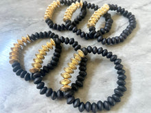 Load image into Gallery viewer, Black &amp; Gold Stretch Bracelets, wood Disc Bead Bracelets, dark black beaded jewelry stretch bracelet