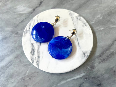 Royal Blue & Gold drop bead earrings, blue beaded statement earrings, dark blue jewelry, blue geometric earrings
