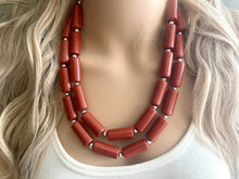 Load image into Gallery viewer, Rust statement necklace, double strand jewelry, burnt orange wedding Chunky Statement Necklace, silver orange beaded jewelry chunky