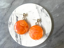 Load image into Gallery viewer, Orange&amp; Gold drop bead earrings, orange beaded statement earrings, college orange jewelry, orange geometric earrings