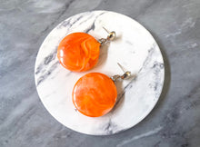 Load image into Gallery viewer, Orange&amp; Gold drop bead earrings, orange beaded statement earrings, college orange jewelry, orange geometric earrings