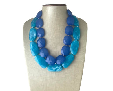 Denim Blue & Aqua Necklace, double strand jewelry, big beaded chunky statement necklace, blue necklace, turquoise jewelry, teal jewelry