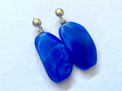 Royal Blue & Gold drop bead earrings, blue beaded statement earrings, dark blue jewelry, blue geometric earrings