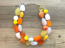 Load image into Gallery viewer, Candy Corn Statement Necklace, chunky bib beaded jewelry, Halloween jewelry white yellow orange necklace, beaded acrylic jewelry