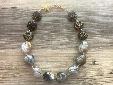 Black Gray & Gold Necklace, single strand gold jewelry, big beaded chunky statement necklace, black necklace, gold jewelry