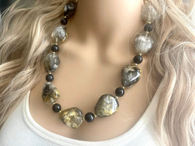 Black Gray & Gold Necklace, single strand gold jewelry, big beaded chunky statement necklace, black necklace, gold jewelry