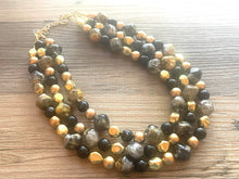 Load image into Gallery viewer, Black Gray Gold Statement Necklace, chunky bib beaded jewelry, neutral jewelry, golden necklace, beaded acrylic jewelry, black beaded