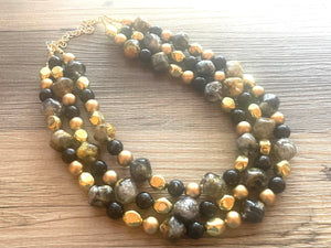 Black Gray Gold Statement Necklace, chunky bib beaded jewelry, neutral jewelry, golden necklace, beaded acrylic jewelry, black beaded