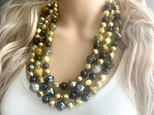 Load image into Gallery viewer, Black Gray Gold Statement Necklace, chunky bib beaded jewelry, neutral jewelry, golden necklace, beaded acrylic jewelry, black beaded