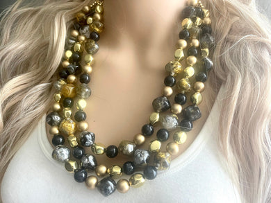 Black Gray Gold Statement Necklace, chunky bib beaded jewelry, neutral jewelry, golden necklace, beaded acrylic jewelry, black beaded