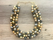 Load image into Gallery viewer, Black Gray Gold Statement Necklace, chunky bib beaded jewelry, neutral jewelry, golden necklace, beaded acrylic jewelry, black beaded