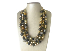 Load image into Gallery viewer, Black Gray Gold Statement Necklace, chunky bib beaded jewelry, neutral jewelry, golden necklace, beaded acrylic jewelry, black beaded