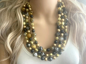Black Gray Gold Statement Necklace, chunky bib beaded jewelry, neutral jewelry, golden necklace, beaded acrylic jewelry, black beaded