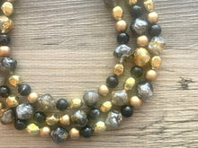 Load image into Gallery viewer, Black Gray Gold Statement Necklace, chunky bib beaded jewelry, neutral jewelry, golden necklace, beaded acrylic jewelry, black beaded