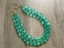 Load image into Gallery viewer, Mint Green Chunky Statement Necklace &amp; Stretch Bracelet set, Triple Strand Beaded Jewelry, Green jewelry, bridesmaid gold jelly bean