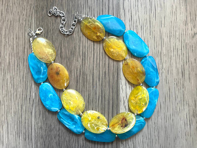 Yellow & Caribbean Necklace, double strand jewelry, big beaded chunky statement necklace, blue necklace, turquoise jewelry, yellow jewelry