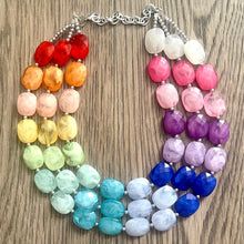 Load image into Gallery viewer, Triple Rainbow Beaded Necklace, Colorful Jewelry, Chunky statement necklace, big beaded necklace, rainbow jewelry, rainbow baby confetti