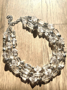 Silver and Clear statement necklace, lucite necklace, resin necklace, clear three strand chunky jewelry, silver Beaded Holiday Necklace
