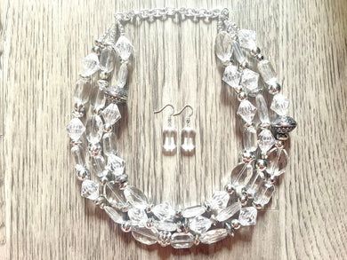 Silver and Clear statement necklace, lucite necklace, resin necklace, clear three strand chunky jewelry, silver Beaded Holiday Necklace